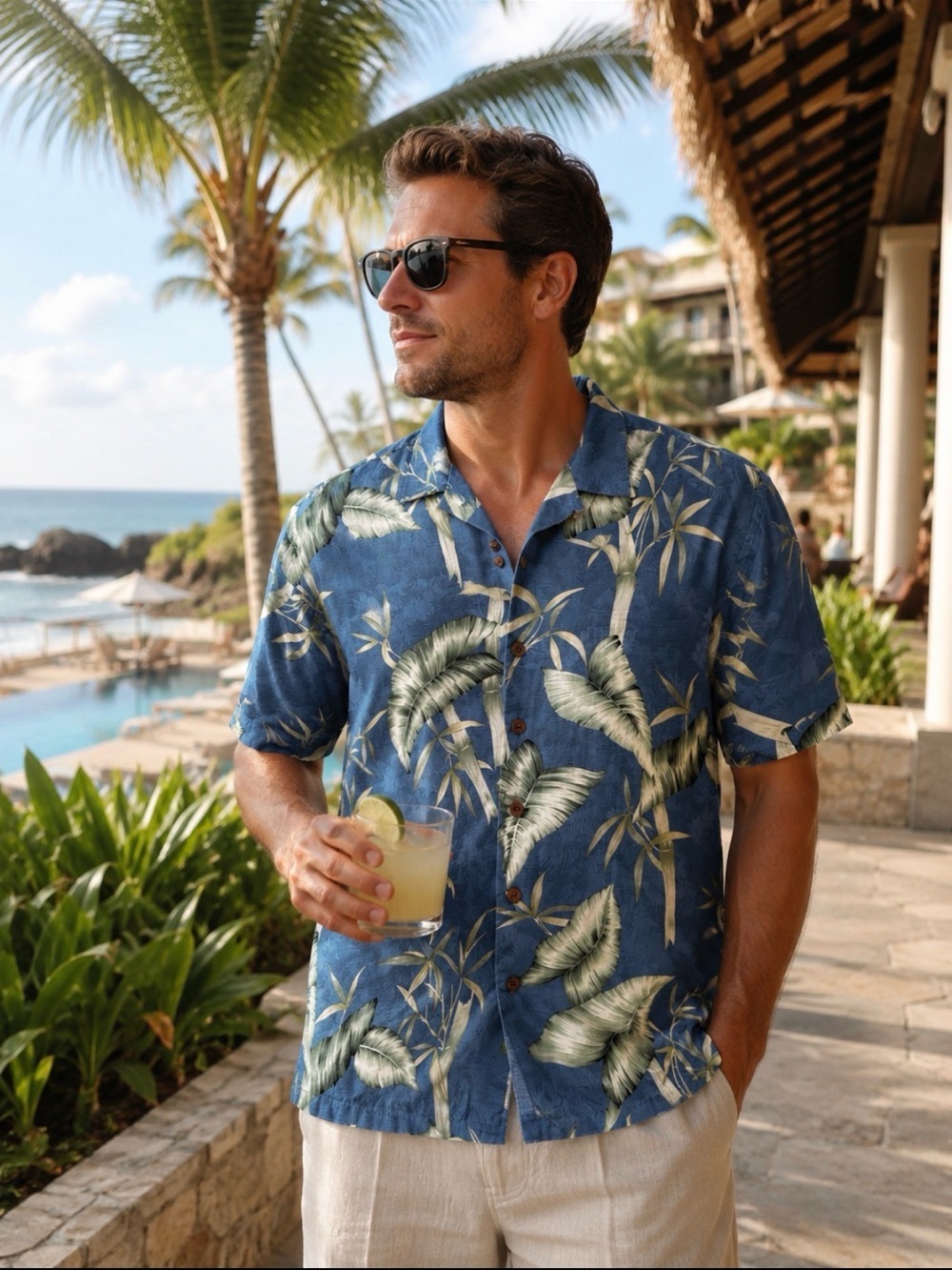Tommy Bahama Men’s Blue Palm Leaf Camp Shirt